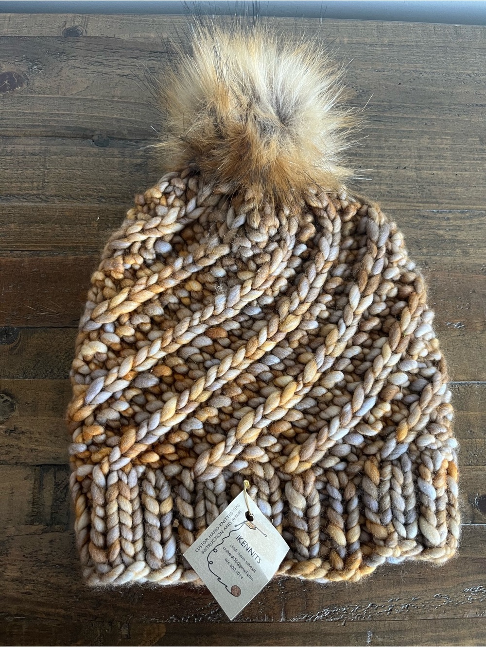 Chunky Hand Knit Beanie Faux Fur Pom Pom 100% Merino Wool Hat Cap Neutral Gold